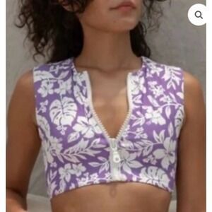 NWT Stone Fox Swim Mase Top Purple White Floral Zip Up Rash Guard Swim Top XL